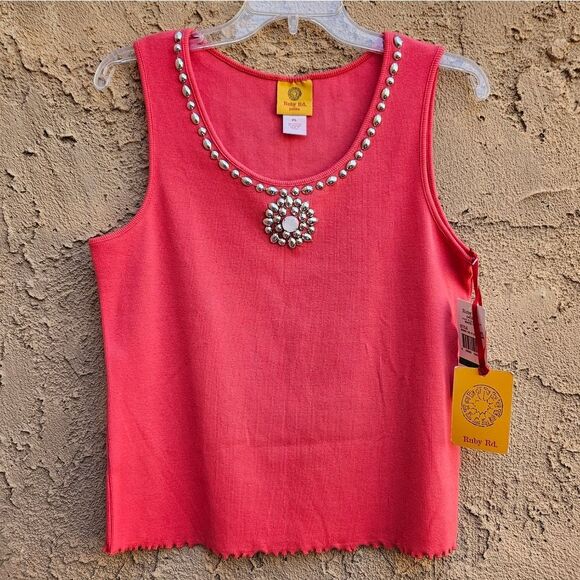 Ruby Rd Coral Beaded Ribbed Tank Top - Picture 1 of 1
